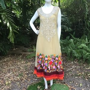 Vintage Indian embroidered dress with shawl in silk